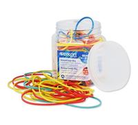 Westcott E-10581 00 Lot de 80 g d'anneaux en caoutchouc colorés de différentes tailles dans un récipient en plastique pratique | Lot de rangement d'élastiques ménagers de 60 mm, 50 mm et 38 mm