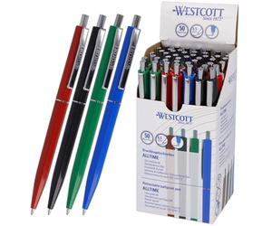 Westcott Stylo à bille ALLTIME Mix, lot de 50 | Stylo à bille à pression à encre bleue | Épaisseur de trait M avec recharge standard X20 | Indélébile selon la norme ISO 12757-2 | E-737487 00