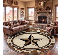 Western Américain Tapis Rond Salon 150 cm Lavable en Machine Marron Blanc | Rustique Vintage Cowboy Insigne Étoile Vache Antidérapant Tapis Rond Chambre Adulte Descente Lit Salle Manger Bureau