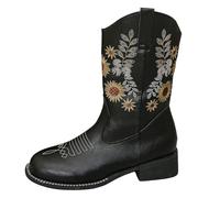 Western Bottines de cowboy en cuir pour femme - Avec broderie jacquard - Talon bloc - Bottes basses antidérapantes - Bout pointu - Bottines à enfiler - Motif floral - Bottes de combat pour femme, Noir
