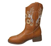Western Bottines de cowboy en cuir pour femme - Avec broderie jacquard - Talon bloc - Bottes basses antidérapantes - Bout pointu - Bottines à enfiler - Motif floral - Bottes de combat pour femme, kaki