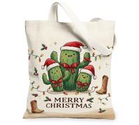 Western Cactus Sac fourre-tout en toile avec citation de Noël 33 x 38,1 cm | Bottes de cowboy occidentales, guirlande lumineuse festive, illustration de vacances fantaisie, décoration saisonnière du