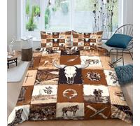 Western Cowboy Art Housse de Couette Douce Microfibre 3 pièces Imprimé en 3D Vintage Rustic Decor Linge de Lit avec Fermeture Éclair Ultra Douce for Enfants Garçons Ado Double（200x200cm）