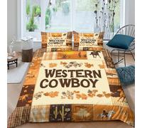 Western Cowboy Art Parure de Lit Microfibre 3 Pièces 3D Imprimée Respirante Vintage Rustic Style Housse de Couette avec Fermeture Éclair Ultra Douce for Couple Amoureux Double（200x200cm）