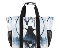 Western Cowboy Attrape-rêves Crânes de cerf Noir Sac fourre-tout pliable Anti-sable avec poignées Sac de plage, Western Cowboy Dream Catcher Crânes de cerf Noir, 1 size, Tendance