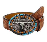 Western Cowboy Cowgirl Ceinture en cuir PU - Ceinture en relief turquoise avec boucles de taureau LongHorn, Marron - Style 1, 110cm/For Waist 84cm-92cm