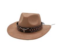 Western cowboy hat, ethnic style woolen felt outdoor hat, unisex sun hat, silver bull head decoration, suitable for masquerade accessories(Khaki)