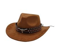 Western cowboy hat, ethnic style woolen felt outdoor hat, unisex sun hat, silver bull head decoration, suitable for masquerade accessories(Camel)