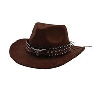 Western cowboy hat, ethnic style woolen felt outdoor hat, unisex sun hat, silver bull head decoration, suitable for masquerade accessories(Coffee)
