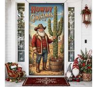 Western Cowboy Housse de porte avec citation de Père Noël 91,4 x 182,9 cm | Thème occidental, bannière de porte d'entrée, décoration sud-ouest, paysage du désert, style de vacances rustique