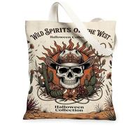Western Cowboy Skull Desert Theme Halloween Sac fourre-tout en toile 33 x | Thème occidental, flore du désert, esthétique rustique, style sud-ouest, illustration expressive crâne