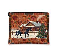 Western Cowboy Trousse de maquillage Motif scène de Noël 17,8 x 22,9 cm | Thème occidental, trousse de maquillage, paysage d'hiver, cabine rustique, cavalier, motif saisonnier, organisateur de voyage