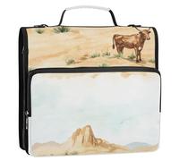 Western Cowboy Vache Cactus Vast Desert Classeur à 3 anneaux Fermeture éclair avec sangle Comprend une poche zippée Fournitures scolaires Organiseur pour collège