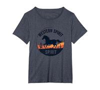Western Spirit : Wild Horse Desert Sunset Emblème Vache Fille T-Shirt, Femme Grandes Tailles, Bleu Chiné, 2X