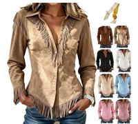 Western Suede Jackets for Women V-Neck Button Vintage Fringe Tops