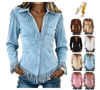 Western Suede Jackets for Women V-Neck Button Vintage Fringe Tops