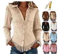 Western Suede Jackets for Women V-Neck Button Vintage Fringe Tops