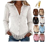 Western Suede Jackets for Women V-Neck Button Vintage Fringe Tops