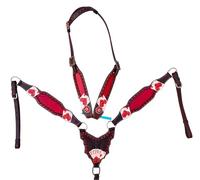 Western Tack Set cheval - Motif gladiateur rouge | Headstall et collier de poitrine | Tack d'équitation en cuir pour course de baril, rodéo et spectacle