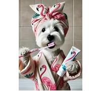 Westie Impression humoristique de salle de bain - Chien femelle qui se brosse les dents animal portant une robe de chambre, un peignoir de bain, des toilettes - Décoration murale humoristique pour