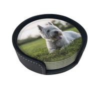 Westie Lawn West Highland White Terrier Chiens,Lot de 6 Dessous de Verre Ronds en Cuir synthétique avec Support pour la Maison, Le Bureau et la Cuisine