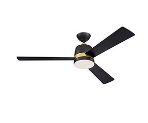 Westinghouse Lighting 73039 Ventilateur de plafond à lampe et télécommande Tristan moderne de 132 cm, finition en noir mat avec accents dorés et verre opale dépoli