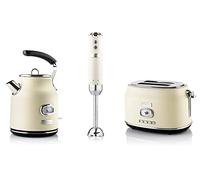 Westinghouse Retroline Set petit-déjeuner blanc, grille-pain, mixeur plongeant et bouilloire, 1,7 l et filtre anti-calcaire, grille-pain à deux fentes avec grille réchauffe-viennoiseries, mixeur