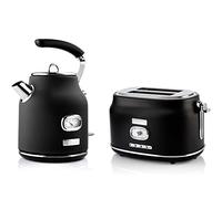 Westinghouse Retroline Set petit-déjeuner noir avec grille-pain et bouilloire 1,7 l, filtre anti-calcaire et protection contre la surchauffe, grille-pain à deux fentes avec grille