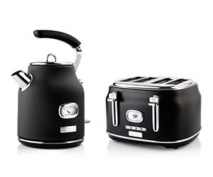 Westinghouse Retroline Set Petit-Déjeuner Noir, Grille-Pain à Quatre Fentes et Bouilloire 1,7 L, Filtre Anti-Calcaire, Protection Contre la Surchauffe