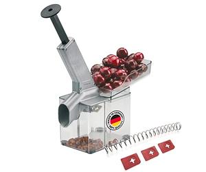 Westmark Dénoyauteur à Cerises avec Goulotte et grande Caissette à Noyaux, inclus kit de 4 pièces d'usure/rechange, plastique/inox/aluminium, Kirschomat, Argenté/noir/transparent, 407022E6