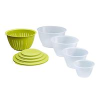 Westmark Ensemble de Bols, 4 Bols avec Couvercles et Passoire/filtre, 9 pièces, capacité : 0,6/1,3/2,5/4,4 litres, Plastique, sans BPA, Olympia, Couleur : Transparent/vert, 2420226A