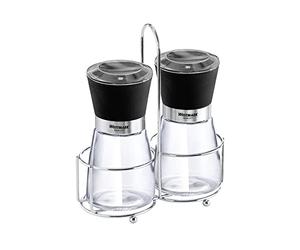 Westmark Menage 63572260 Moulin à Épices 3 Pièces Moulin à Poivre et Sel + Support avec Poignée de Transport Plastique/Verre/Céramique Blacky Transparent/Noir/Argent