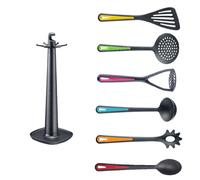 Westmark Ustensiles de Cuisine - Support Rotatif Souple avec Presse-Purée, Cuillère à Friture et Légumes, Cuillère à Spaghetti, Louche, Écumoire et Spatule - Multicolore, 7 Pièces