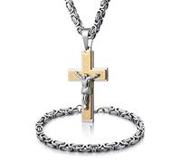 WESTMIAJW Ensemble collier et bracelet en acier inoxydable argenté et doré avec pendentif croix de Jésus 45/50/55/60/65/70/75 cm, Or Acier inoxydable Argent