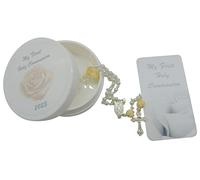 Westmon Works Chapelet de première communion 2023 en forme de rose et perles de verre dans un étui de protection avec carte sainte assortie, Métal, Pas de gemme