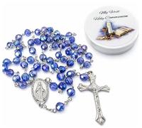 Westmon Works Chapelet de première communion avec perles à facettes bleues avec calice en métal et crucifix Catholique Deluxe Set avec boîte, Métal, Pas de gemme