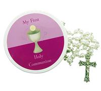 Westmon Works Chapelet de première communion avec perles en verre et crucifix en métal dans un étui de protection avec carte de sainte assortie