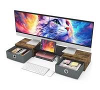 WESTREE Support de moniteur double avec deux tiroirs, support de rangement extra large pour 2 écrans, support de moniteur d'ordinateur avec couvercle, support d'oraganiseur de bureau pour ordinateur,