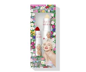 Wet n Wild Marilyn Monroe Icon Lipstick & Balm Set, Ensemble 2 Pièces Rouge et Baume à Lèvres, Formule Hydratante, Infusé de Paillettes Dorées, Ingrédients Activés par le pH, Rouge et Transparent