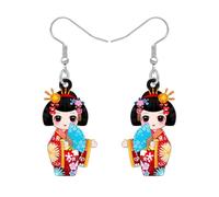 WEVENI Acrylique Cadeau Japonais Kimono Poupée Kokeshi Boucles d'oreilles Pendentif Mignon Cadeaux Kawaii pour les Amoureux du Japon Bijoux de Costume pour Femmes Filles (Rouge)