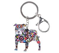 Weveni Porte-clés en acrylique Motif floral Boston Terrier Pit Bull Dog pour femme fille Sac à main voiture Noir