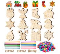 WEVOL 72 Pièces Decoration Sapin Noel,12 Styles Decoration Noel Sapin Bois,Vintage Peindre Bois Deco Sapin Noel,Personnalisable Bricolage Noel Kit,Petite Suspension Deco Noel Bois avec Corde/Cloche