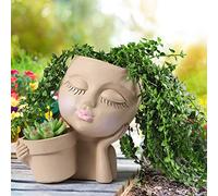 WEWEOW Pot de Fleurs Double en Un pour intérieur et extérieur en résine avec Trou de Drainage - Motif Visage de Femme Mignonne