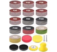 Wewink plus 268pcs Kit de Disques Abrasifs 75mm, Grain 80-5000 Papier a Poncer Carrosserie, Papier Poncage Crochet et Boucle avec Plateau Support 1/4" et Tampon de Lustrage pour Perceuse, Phare, Bois