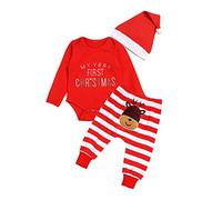 Wexuua Mon Premier Noël Ensemble de 3 vêtements de Noël pour nouveau-né avec une salopette rouge à rayures/un pantalon/1 chapeau pour fille ou garçon, Rouge, 0 mois
