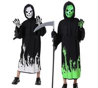 WFKKMEQ Costume de faucheuse phosphorescente pour enfants - Cape de faucheuse effrayante pour enfants - Cape de faucheuse - Gants - Cosplay faucille - 2XL/150 surdimensionné E