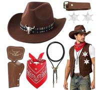 WFKKMEQ Cowboy, Costume Accessoires Set Western Cowboy Cosplay Costume Set avec Chapeau de Cowboys, Bandana, Étui, Collier, Ceinture, Badge Fancy Dress Deguisement pour Adulte Cosplay