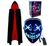 WFKKMEQ Masque d'Halloween à DEL, cape de vampire et masque lumineux pour cosplay, costume d'Halloween effrayant, masque de rave, cape réversible avec capuche pour adultes (bleu)
