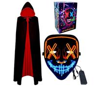 WFKKMEQ Masque d'Halloween à DEL, cape de vampire et masque lumineux pour cosplay, costume d'Halloween - Masque pour rave à DEL - Cape réversible avec capuche - Tenue de déguisement pour adultes