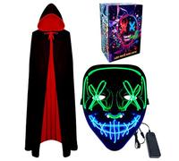 WFKKMEQ Masque d'Halloween à DEL, cape de vampire et masque lumineux pour cosplay, costume d'Halloween - Masque de rave à DEL réversible avec capuche - Tenue de déguisement pour adultes (vert)